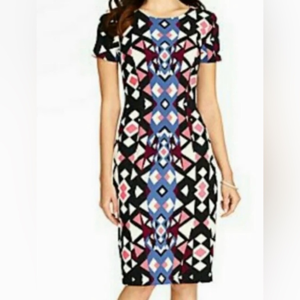 Women’s Talbots Geometric Print Sheath Business Career Black White Dress 12.